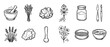© Liliia - Collection of hand-drawn herbalism and alchemy icons featuring a mortar, pestle, lavender, minerals, and apothecary tools in a black and white vintage sketch style illustration set