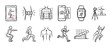 © Liliia - Collection of hand-drawn fitness technology icons in a doodle style, illustrating workout tracking, posture analysis, smart gadgets, and various physical exercises like squats and running