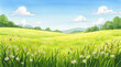 © ProArt Studios - Watercolor cartoon meadow of wildflowers and towering grass under bright blue sky, tranquil hills and misty mountains