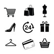 © Mujahid - Set of black shopping icons on transparent background includes shopping cart, bags, mannequin, shoe, clock and gift