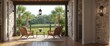 © vxnaghiyev - Modern porch featuring wood flooring, wicker chairs, and a stone accent wall, overlooking lush greenery and palm trees, bathed in sunlight with hanging lanterns
