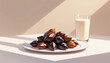 © Ahmad - A clean minimalist poster scene featuring one plate of dates (kurma) with a clear glass of fresh milk placed beside it, smooth plain background