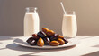 © Ahmad - A clean minimalist poster scene featuring one plate of dates (kurma) with a clear glass of fresh milk placed beside it, smooth plain background
