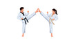 © Maureen - Martial arts duo in high kick stance wearing taekwondo uniforms