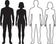 © Hasina Akter - Human body vector illustration set featuring man and woman in black silhouette and outline styles. Male and female standing figures for bathroom signs and gender symbols.