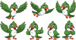 © Robiul - WebCute cartoon green bird mascot character set featuring various poses including flying standing and giving a thumbs up for children branding,