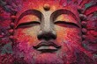 © Antonia - Close-up of a serene Buddha face with vibrant, textured paint strokes in shades of pink and orange