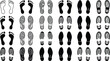 © TOMSINA - Vector collection of diverse footprint and shoe print icons including bare feet, sneakers, boots, and formal shoes, ideal for forensic, tracking, fashion, and design projects