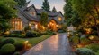 © backup_studio - Large luxury home exterior at dusk with elegant outdoor lighting illuminating the landscaping and driveway. Residential property showcase.