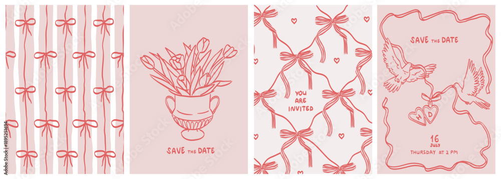 Wedding party invitation. Hand dawn wedding ceremony card with different design elements and backgrounds. Elegant line art minimalist design for wedding, monogram, invitation, greeting, birthday card.