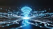 © Soem - A glowing Wi-Fi symbol on a blue and white digital network grid with a blurred background.