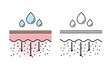 © Mosterpiece - The mechanism of low molecular weight hyaluronic acid penetrate deeper in skin with color and outline drawing illustration. Low molecular HA helps with deep hydration and plump. Flat icon concept.