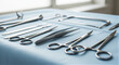 © MyDigitalCraft - Surgical instruments arranged on blue medical cloth background
