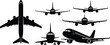 © Md - Passenger airplane silhouette icons vector top front and perspective views