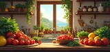 Italian kitchen counter with abundant fresh tomatoes lemons and greens. Sunny window view shows rolling green hills and blue sea. Shelves hold jars herbs and cooking items.