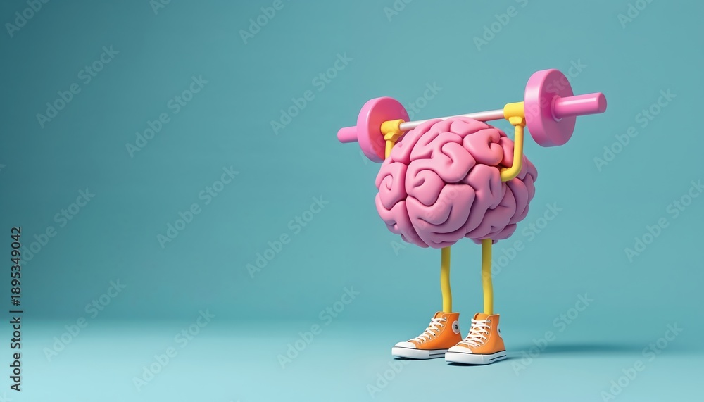 Pink brain with legs and sneakers lifts barbell. Concept of brain ...