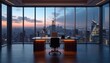 © miss irine - Executive office with panoramic city view at dusk. Modern minimalist workspace with large desk and plush chair overlooks illuminated skyscrapers. Ideal setting for business success and ambition.