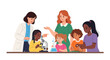 © Asap - Illustration of diverse children and women in science, with a female scientist and teacher guiding students in a lab setting with a microscope on International Day of Women and Girls in