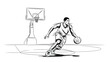© SHAMIM - Black-and-white illustration of a basketball player dribbling on a court. The player is in motion near the basket, conveying movement and focus.