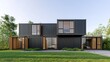 © minny - A modern house design featuring multiple shipping containers, large windows, and a green lawn, blending contemporary architecture with nature.