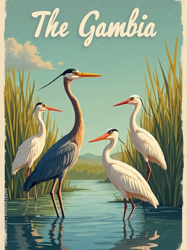 Four birds stand in shallow water in The Gambia, surrounded by tall grasses. The sun shines bright, creating a clear view of the scene. The birds have distinct colors and long legs.