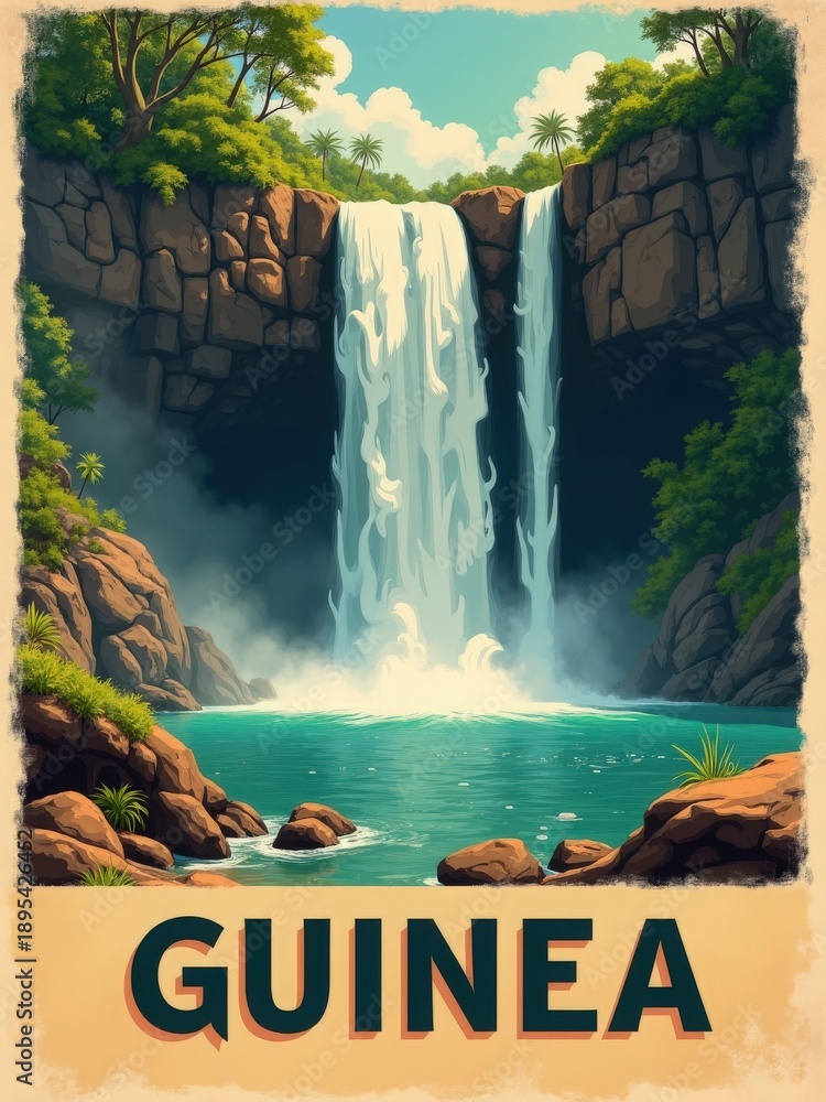 A waterfall flows down into a clear blue pool. Large rocks are seen at the base of the waterfall. Green trees surround the area, and the sky is bright and sunny.