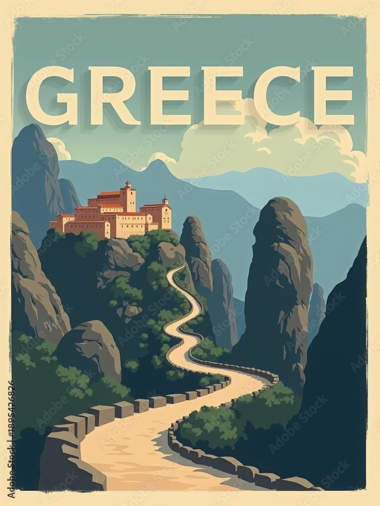 A winding road leads up to a monastery situated on a mountain in Greece. Surrounding the building are large rocks and hills. The sky has clouds that add depth to the scene.