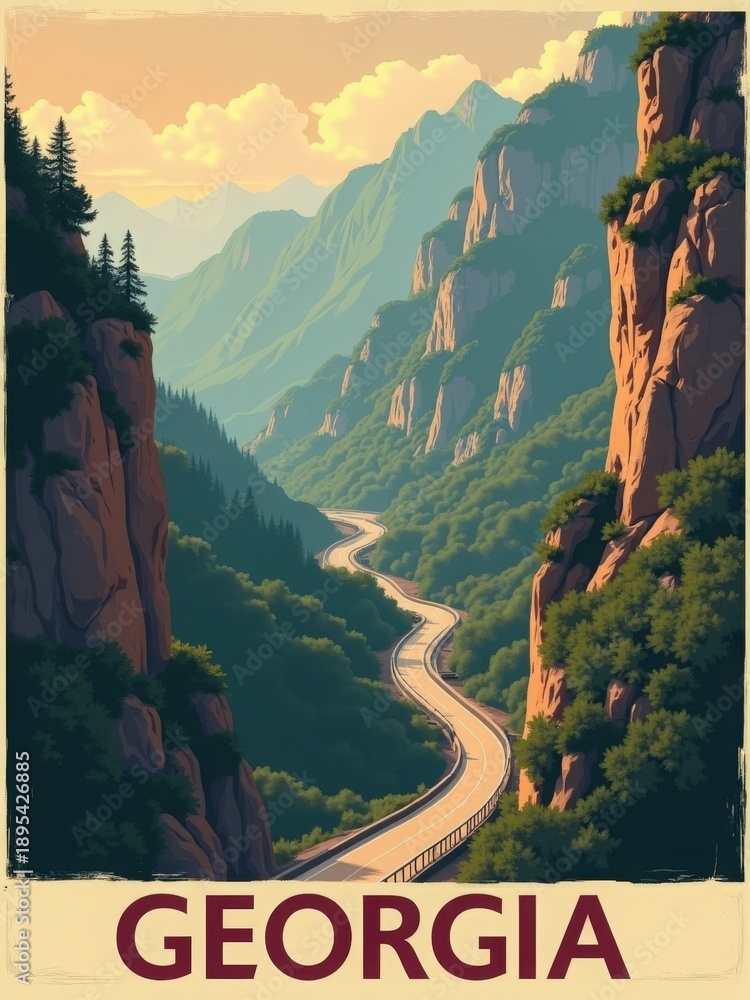 A winding road travels through mountainous terrain in Georgia. Green trees line the path as hills rise on both sides. The sun casts light on the landscape, creating a warm glow.