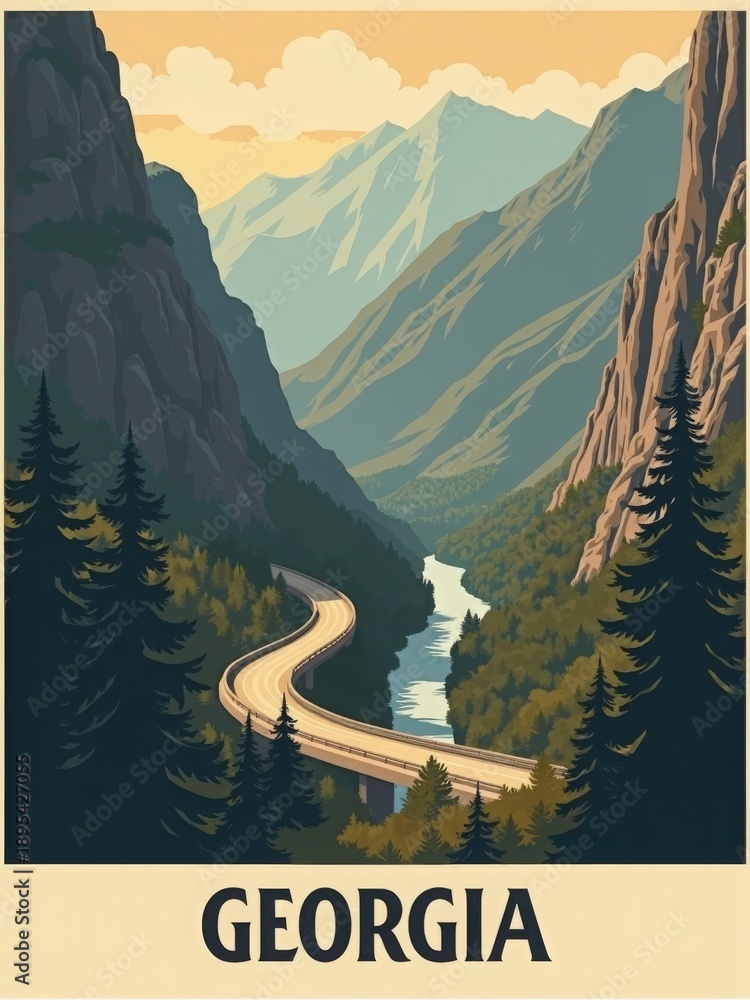 A curved road runs through a mountainous area in Georgia. Tall trees line the sides of the road. A river flows nearby. The sun sets in the background, casting light on the landscape.