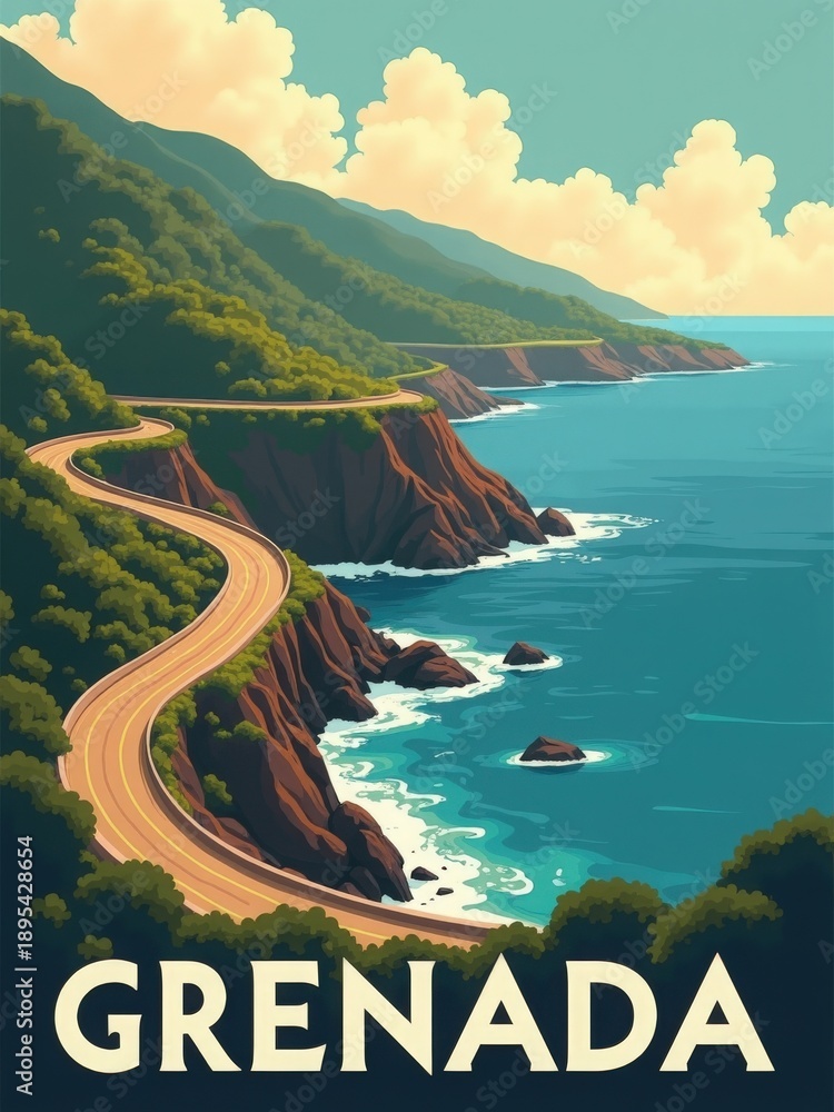 A winding road runs along the coast in Grenada. The ocean is blue, and hills with trees rise beside the road. Clouds float overhead in a clear sky.