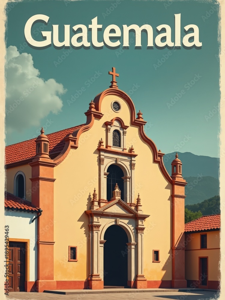 A church stands in Guatemala with a distinct design, featuring a round window and a tall entrance. The structure has orange and yellow walls. Mountains are visible in the background.