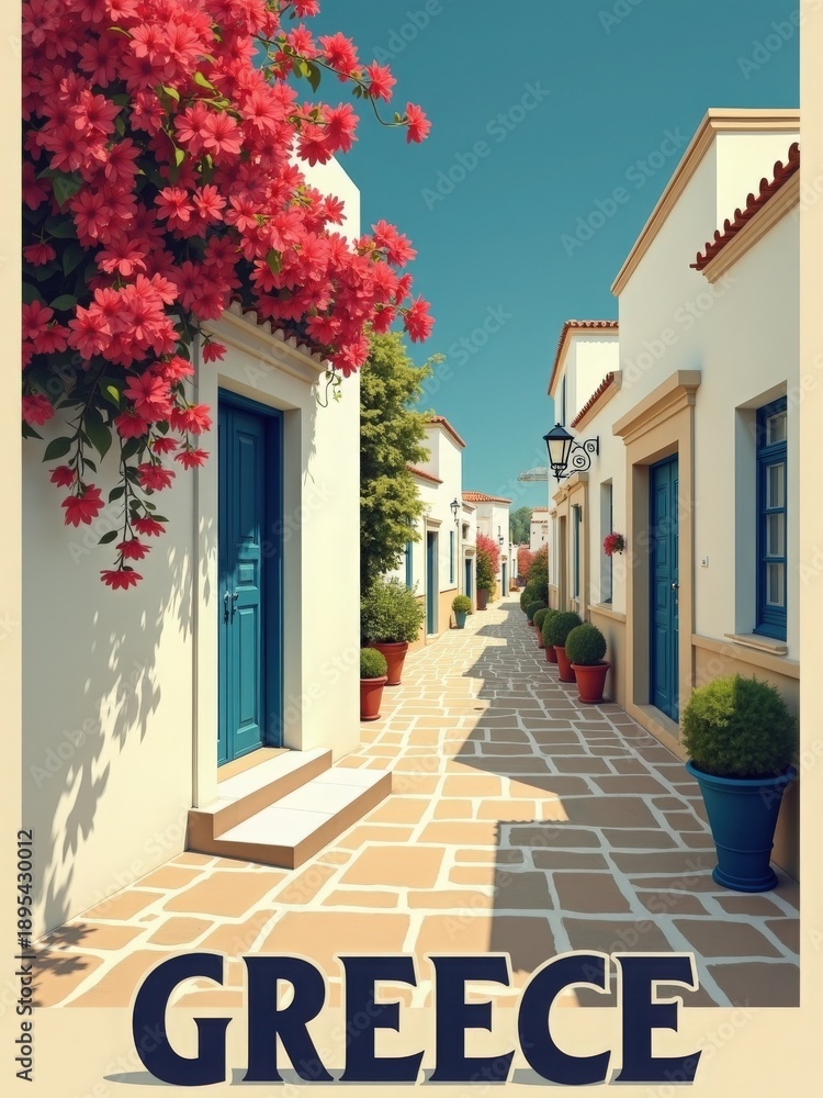 A narrow street in Greece features white buildings with blue doors. Bright flowers hang over walls. Potted plants line the path under a clear sky. This scene captures the local culture and style.