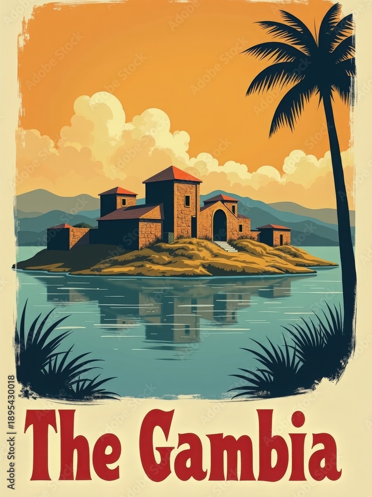 A stone building sits on an island surrounded by water in The Gambia. The sky displays warm tones as the sun sets. Palm trees frame the scene, enhancing the tropical feel of the landscape.