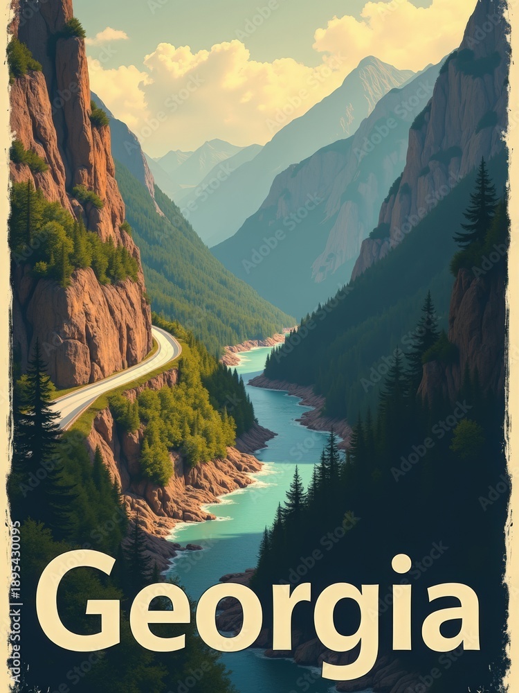 Mountains rise on both sides of a river in Georgia. A road curves alongside the water. Trees line the banks. The sun shines over the landscape. This scene shows nature in a peaceful state.