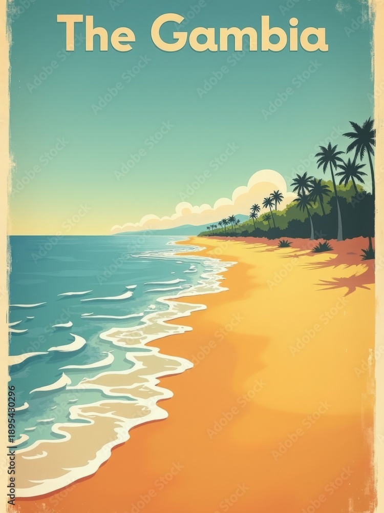 A beach in The Gambia shows golden sand and gentle waves. Palm trees line the shore under a bright blue sky. The scene captures a warm and inviting atmosphere of tropical life.