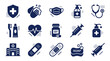 © Vintage Stock - Comprehensive collection of healthcare and sanitation icons including hand washing face mask medical equipment first aid supplies and hospital building for hygiene