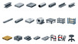 © peppastocker - Welder metal fabrication materials in isometric flat style: steel beam, metal sheet, steel plate, metal pipe, square tube, angle iron, rebar rod, metal bar. Vector icons