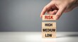© sumana - A hand placing a wooden block labeled 'risk' on top of blocks labeled 'high' 'medium' 'low' illustrating risk assessment and management