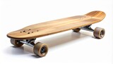 Side view of a classic wooden longboard skateboard with brown wheels and metal trucks. A symbol of urban culture, sport, and leisure, isolated on a clean white background studio shot.