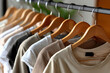 © vejaa - Row of various color t-shirts on hanger. Clothing collection in clothing store or closet. Apparel for fashion, shopping, retail, and textile concept.