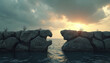 © Viktor - Gap between large stones over water. Represents skill gap or missing connection. Bare trees on rock formation. Ocean or sea with sky and sunset.