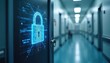 © Viktor - Digital padlock icon on screen in hospital corridor. Secure medical data, patient privacy protection, cyber security concept. Futuristic tech in healthcare.