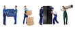 © New Africa - Mover service workers with different household items and boxes. Collage of men on white background