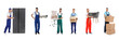 © New Africa - Mover service workers with different household items and boxes. Collage of men on white background