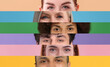 © New Africa - Women and men of different ages and races. Collage with closeup photos of eyes on color backgrounds. Equality and diversity