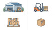 © RASHIDA - Vector illustration set of four logistics and supply chain scenes featuring a warehouse building, an orange forklift carrying boxes, a pallet with secured cargo, and a single shipping carton.