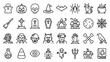 © RASHIDA - Minimalist Halloween Spooky Line Icon Set Featuring Ghost, Jack-o-Lantern, Skull, Witch Hat, Bat, Spider, Black Cat, Cauldron, Tombstone, Coffin, Haunted House, Moon, Mummy, Vampire, Zombie, Werewolf.
