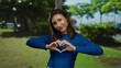 © Krakenimages.com - Young woman in blue sweater making heart gesture with hands outside in park wearing vote badge showing civic pride in the united states.
