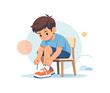 © 11ua - Young boy tying shoes on chair in playful setting
