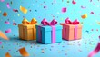 © Fina - Celebratory scene features three vibrantly wrapped gift boxes amidst falling and scattered colorful confetti on a bright blue surface, perfect for festive occasions